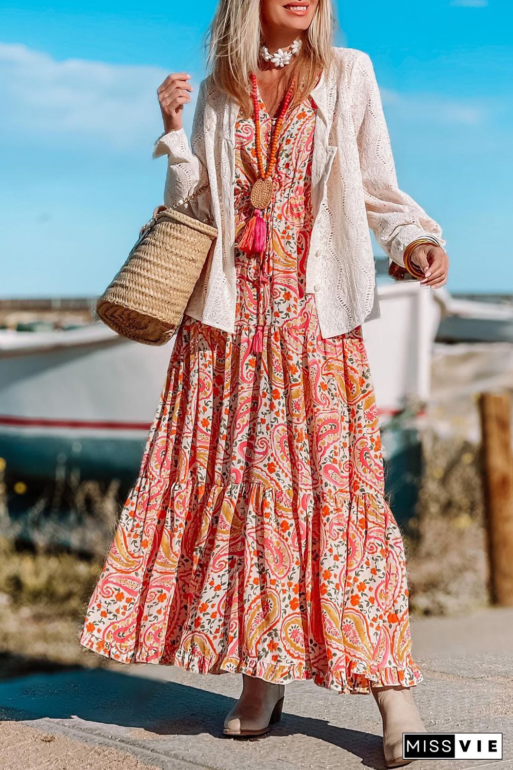 Orange Boho Holiday Paisley Print Tiered Long Sleeve Maxi Dress