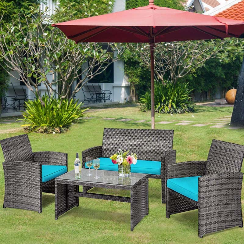 4 Pcs Rattan Wicker Patio Furniture Sets, Outdoor Conversation Sets with Loveseat, Table, Single Sofas