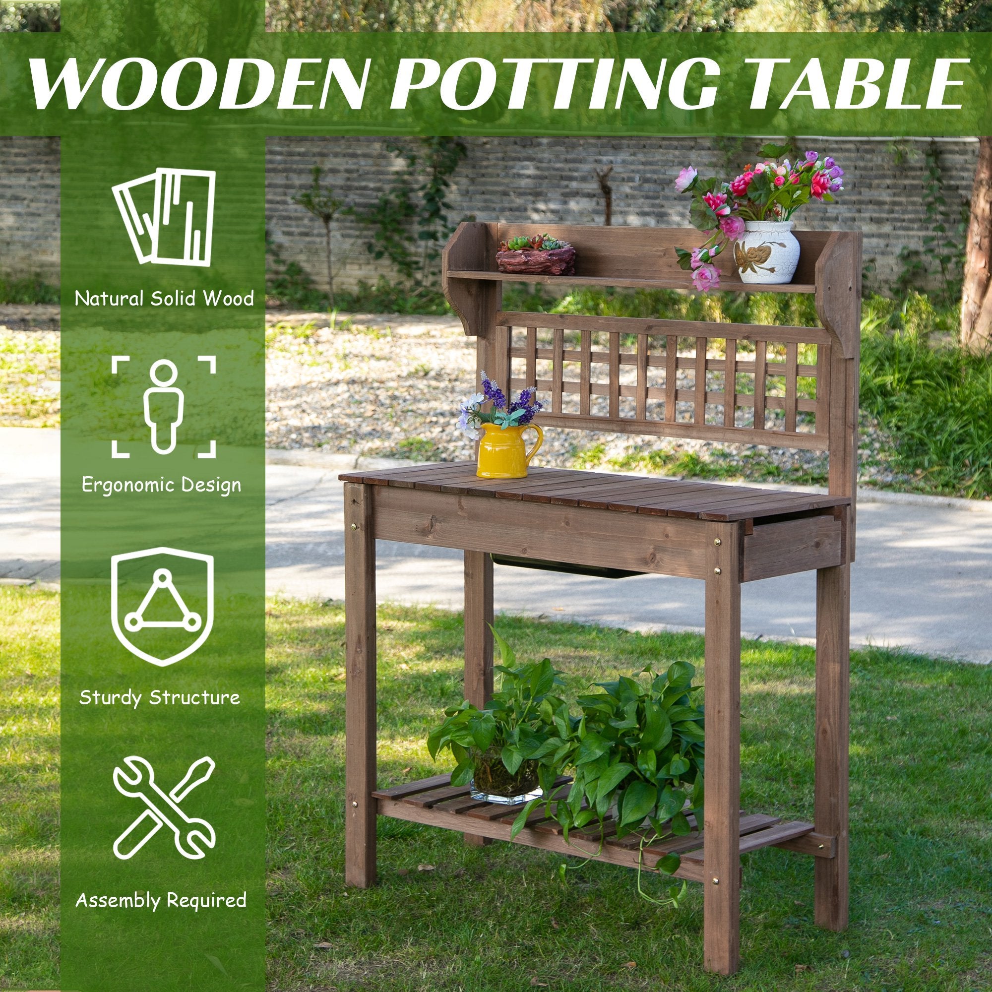 Walmeck 39'' x 18'' x 55'' Wood Garden Potting Work Table with Hidden Storage, Sink Basin, & Below Clapboard - Brown