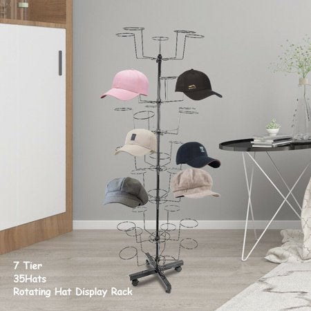 7 Tier Hat Display Retail Hat Rack Rotating Spinner Metal Adjustable Floor Stand Hat Cap Display Retail Rotating Metal Stand Hanger Rack Space Saver 7-Tier Rotating Hat Display Rack Free Standing