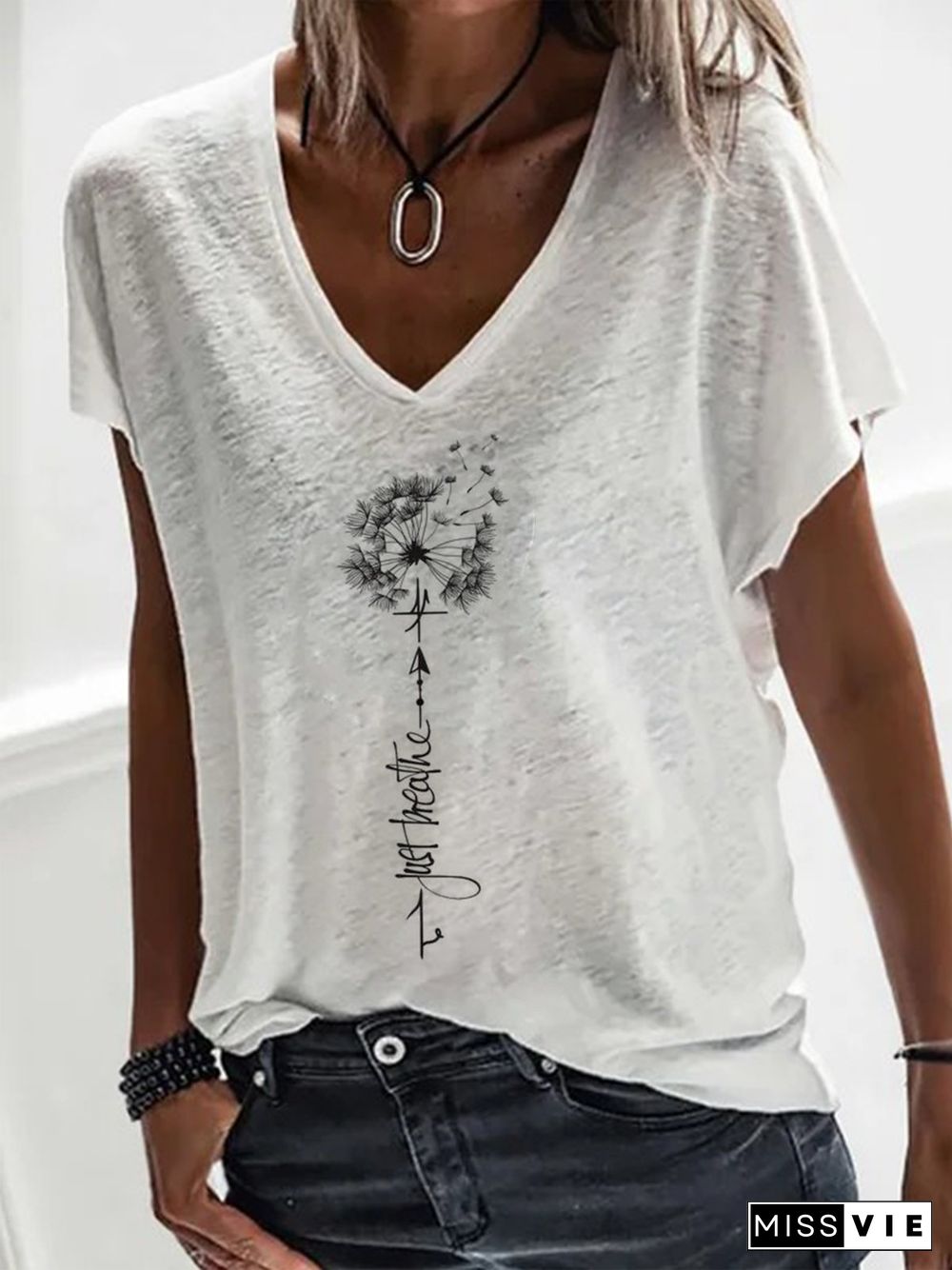 Casual V Neck Dandelion Short Sleeve Loose T-Shirt