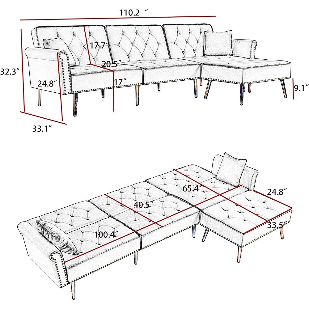 Modern Velvet Upholstered Sectional Sofa Bed  L Shaped Reversible 3 Seat Couch with Movable Ottoman   Nailhead Trim