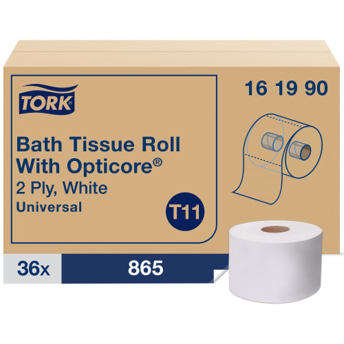 Tork Universal Bath Tissue Roll with OptiCore， Septic Safe， 2-Ply， White， 865 Sheets/Roll， 36/Carton (161990)