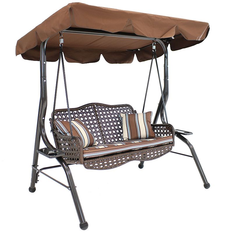 Sunnydaze 2-Person Steel Patio Swing Bench with Canopy/Cushion - Brown