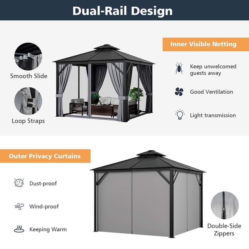 10 x 10 FT Hardtop Gazebo with Netting, Outdoor Patio Metal Gazebo with Galvanized Steel Roof