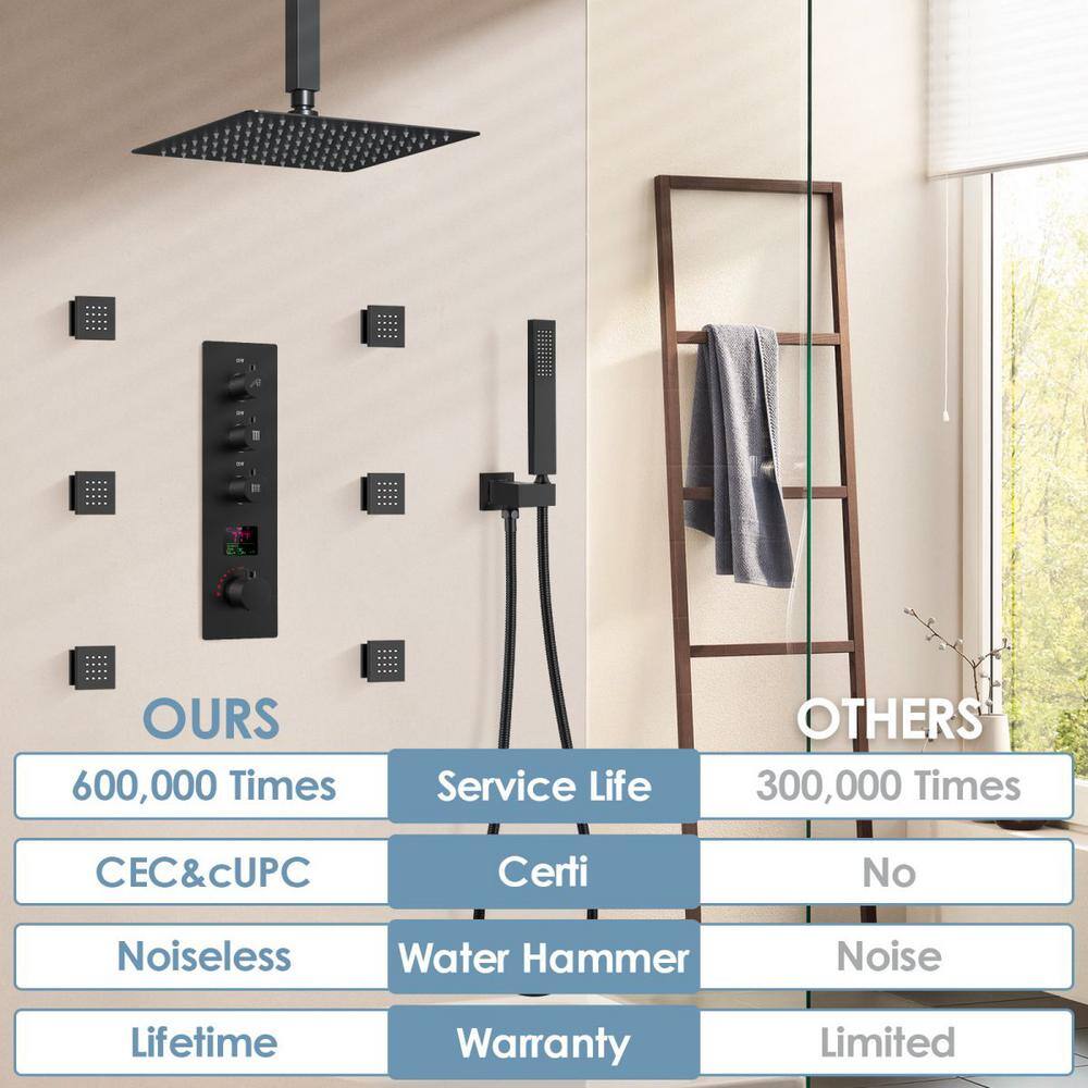 GRANDJOY LED Temperature Thermostatic Valve 7-Spray Ceiling Mount 12 in. Fixed and Handheld Shower Head 2.5 GPM in Matte Black GJSFS-1026-BK12