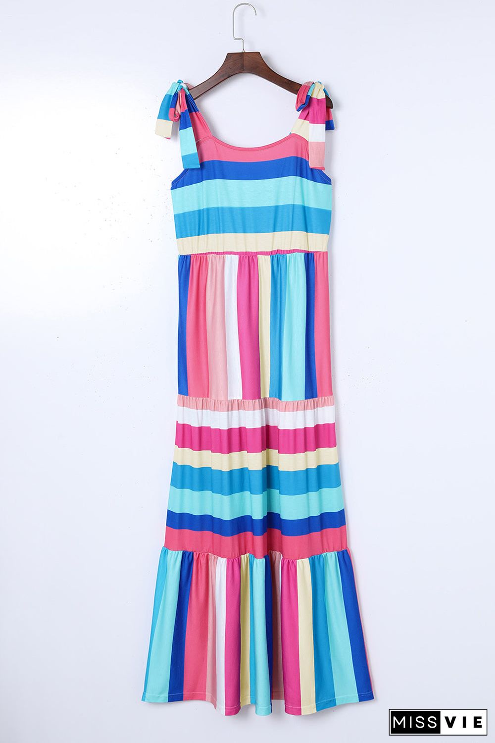 Color Block Striped Bow Knot Straps Maxi Dress