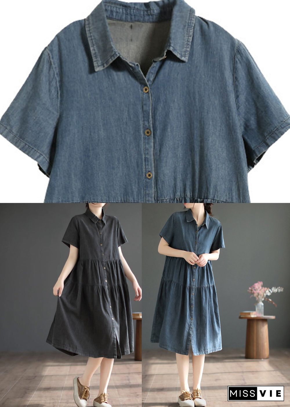 Retro Blue Patchwork Solid Silk Vacation Denim Long Shirt Dresses Summer