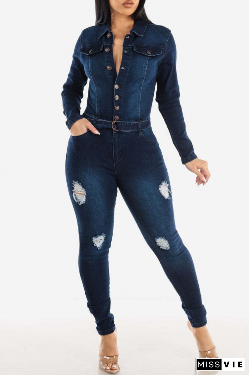 Casual Solid Ripped Patchwork Turndown Collar Long Sleeve Skinny Denim Jumpsuits