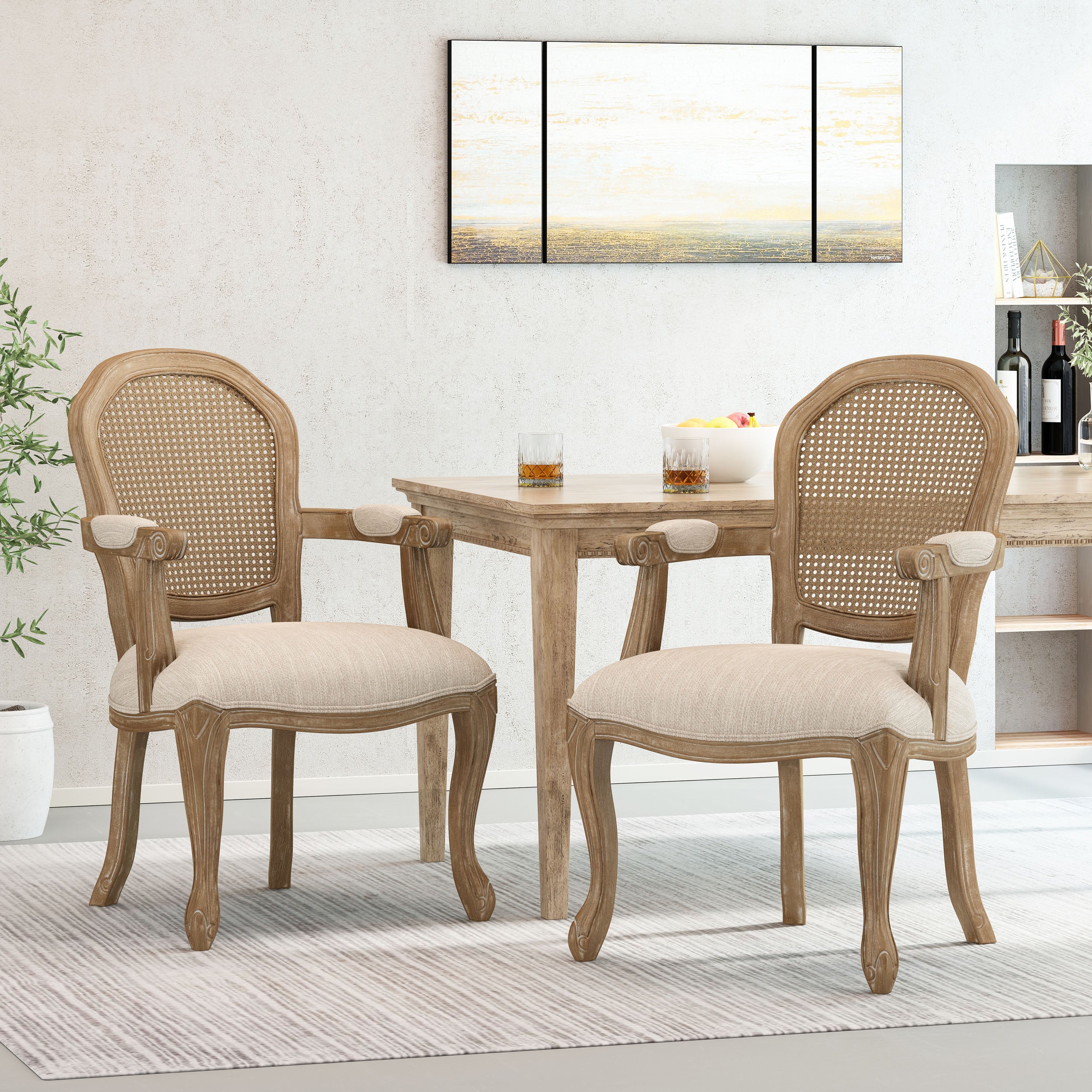 Mariette French Country Wood and Cane Upholstered Dining Chair, Set of 2