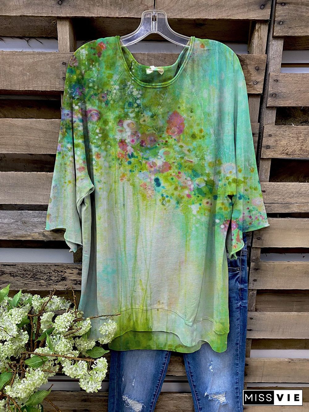 Green Field Ombre/tie-Dye Half Sleeve Pastoral T-shirt