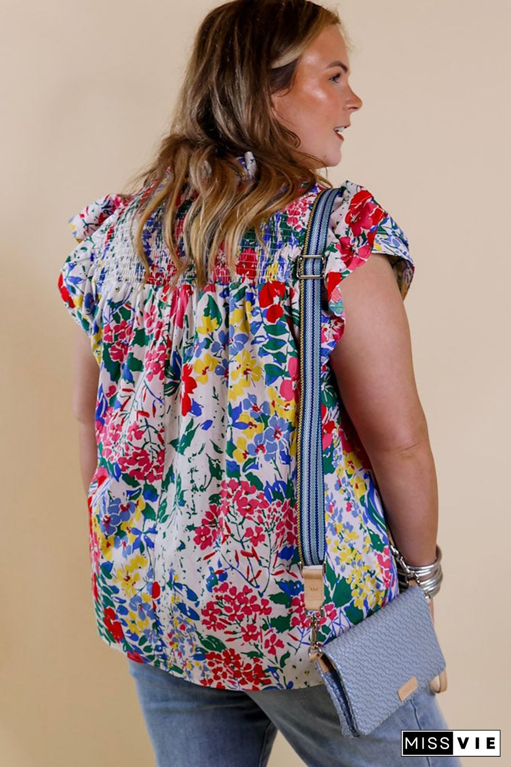 Red Plus Floral Print Ruffle Cap Sleeve V Neck Blouse