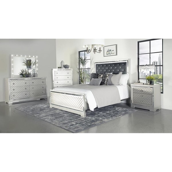 Upholstered California King Bedroom Set in Silver and Metallic Mercury - - 36135799