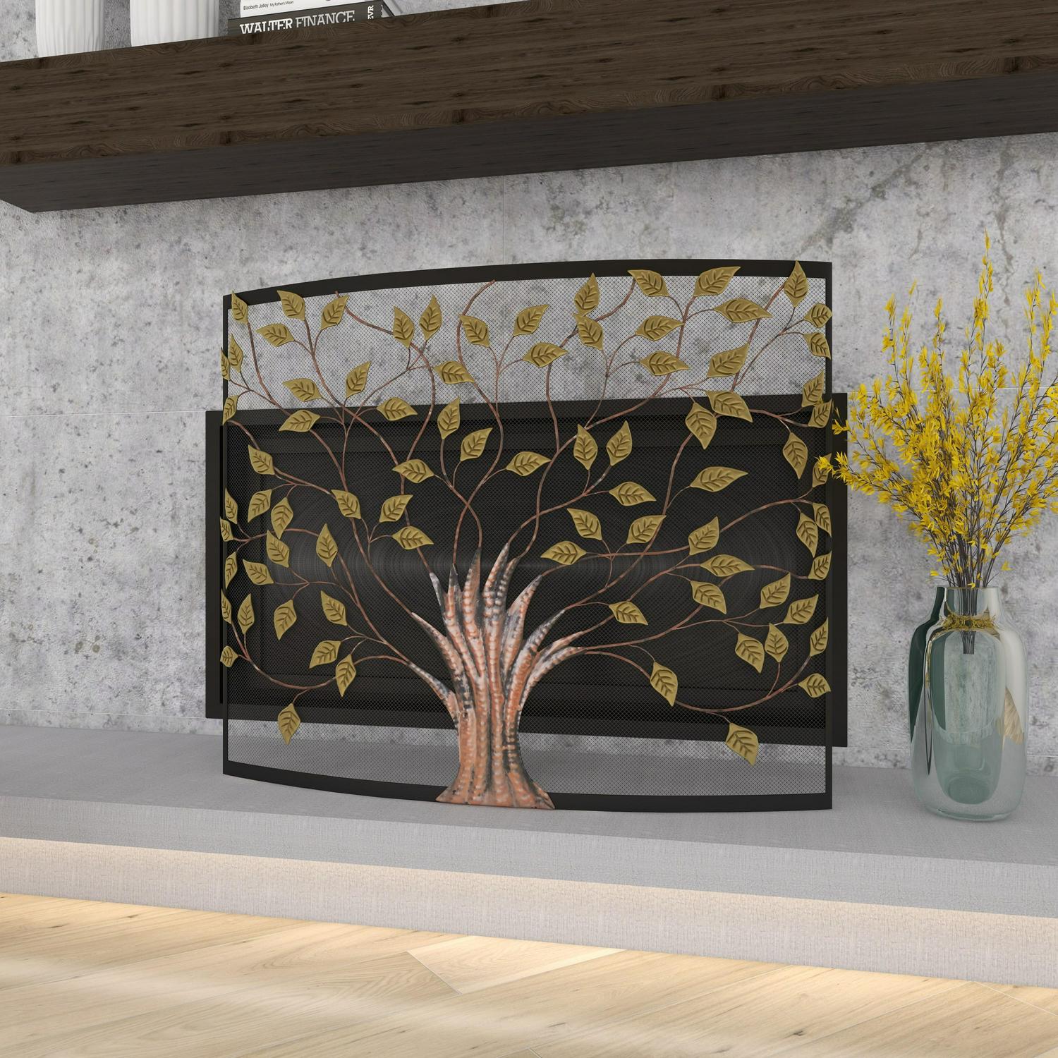 Dec Mode Farmhouse Metal Fireplace Screen with Brown and Green Tree Detail， 39 W x 33 H， Black Frame