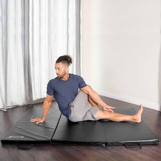 PROSOURCEFIT Tri-Fold Folding Thick Exercise Mat Black 6 ft. x 4 ft. x 2 in. Vinyl and Foam Gymnastics Mat with Carrying Handles ps-1953-tfm-l-black