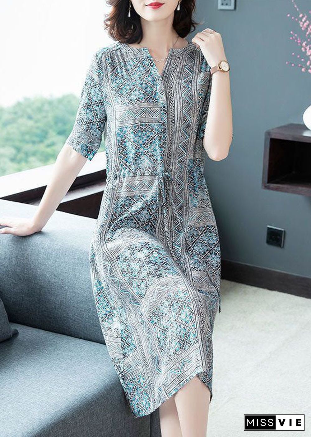 Art Blue Cinched Print Silk Shirt Dresses Summer