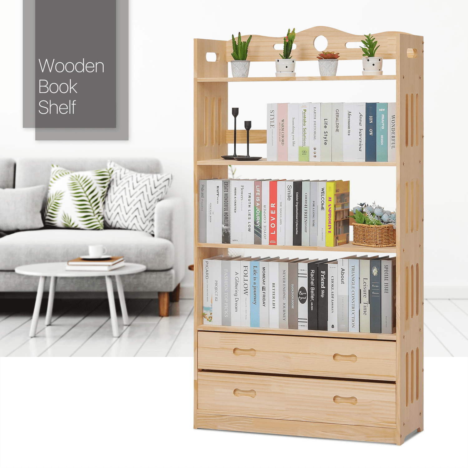 MoNiBloom Wood 5 Shelves 2 Drawers Bookshelf, Books Toys Organizer Bookcase, Natural, for Home