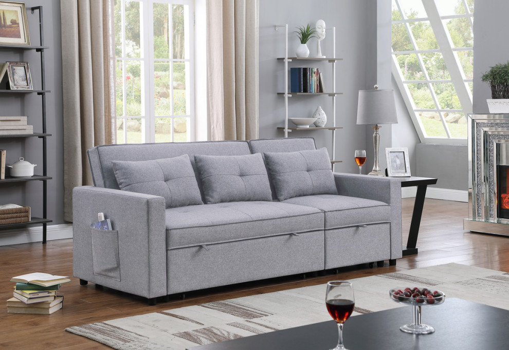 Zoey Linen Convertible Sleeper Sofa With Side Pocket   Transitional   Sleeper Sofas   by Lilola Home  Houzz