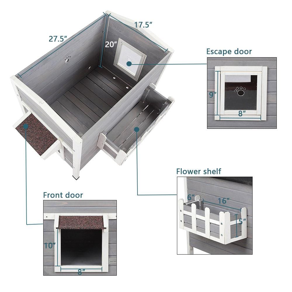 Grey Solid Wood Cat House Larger Design for 3 Adult Outdoor Cats Weatherproof CATTHHHHOUS-1