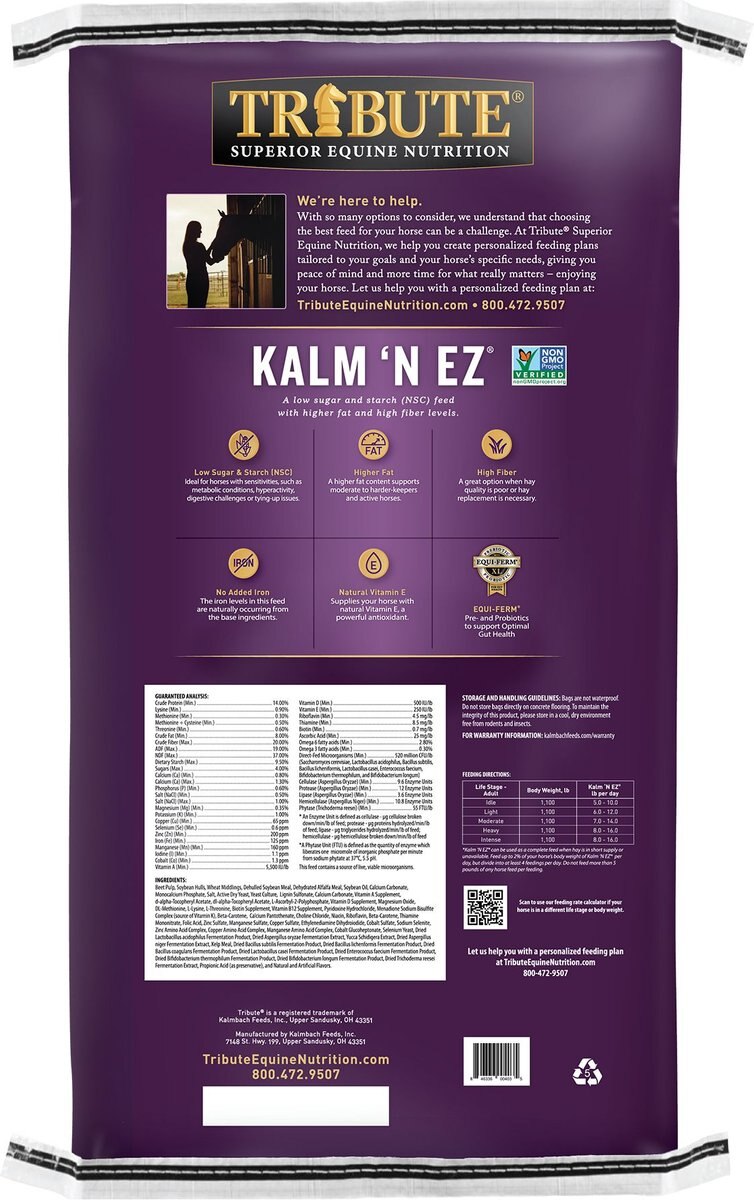 Tribute Equine Nutrition Kalm 'N EZ Pellet Low-NSC， Non-GMO Horse Feed