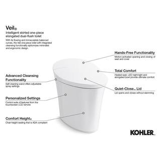 KOHLER Veil Comfort Height Intelligent 1-Piece 0.8 GPF Dual Flush Elongated Toilet in White with built in bidet Seat Included K-5401-PA-0