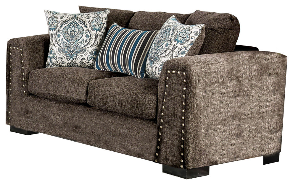 Modern Fabric Upholstered Wooden Loveseat With Nailhead Trim  Brown   Transitional   Loveseats   by VirVentures  Houzz