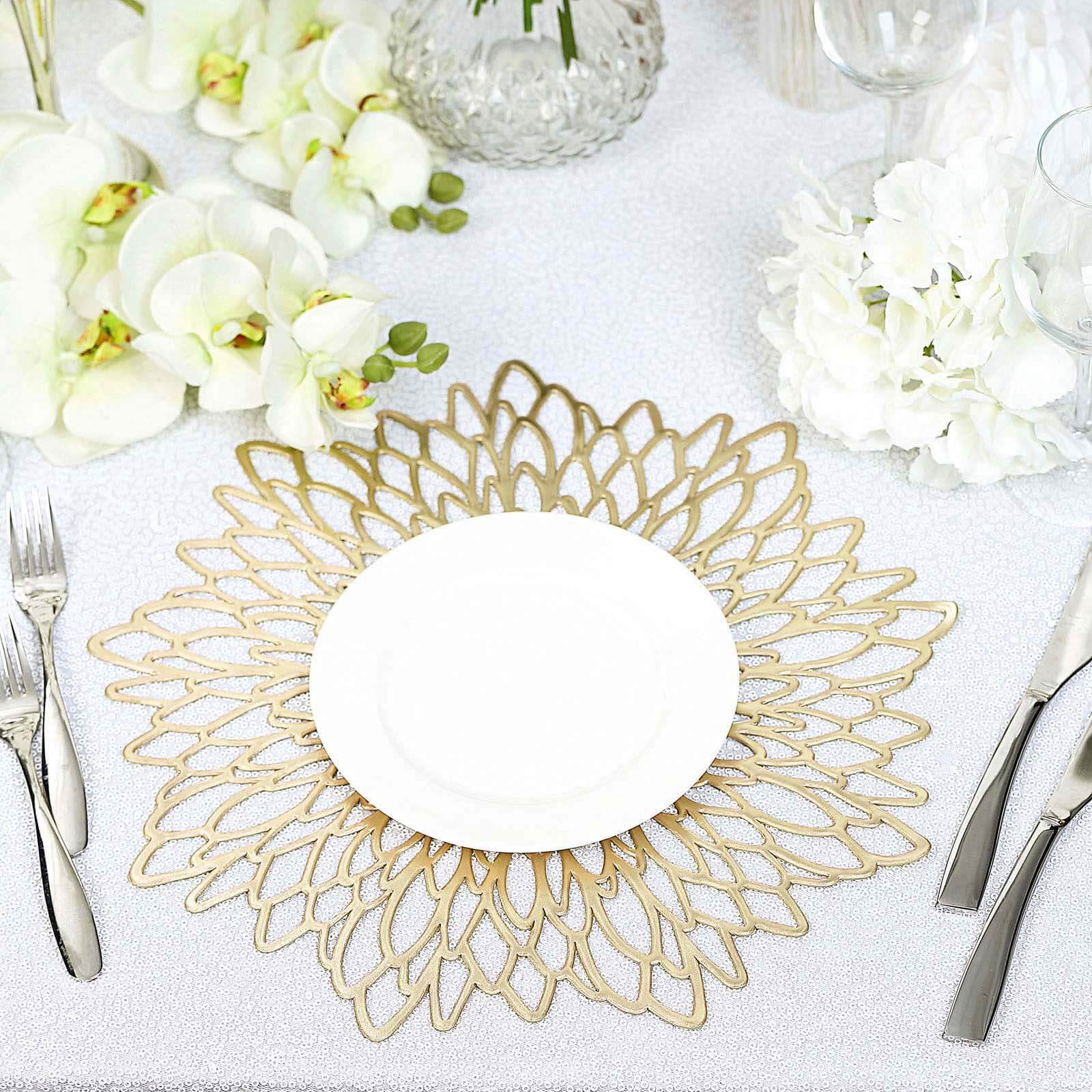 6 Pack Gold Decorative Floral Vinyl Placemats, Non-Slip Round Dining Table Mats 15