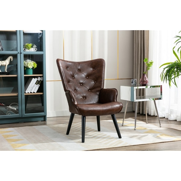 Nordic Style Modern Leisure Chair PU Leather Accent Chair with Button Tufted Decor and Wood Legs