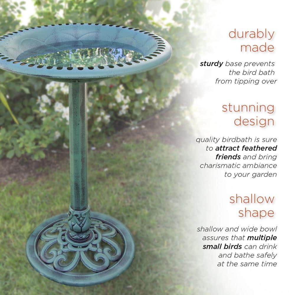 Alpine Corporation 28 in. Tall Outdoor Birdbath with Scrollwork Decoration Yard Statue TEC116