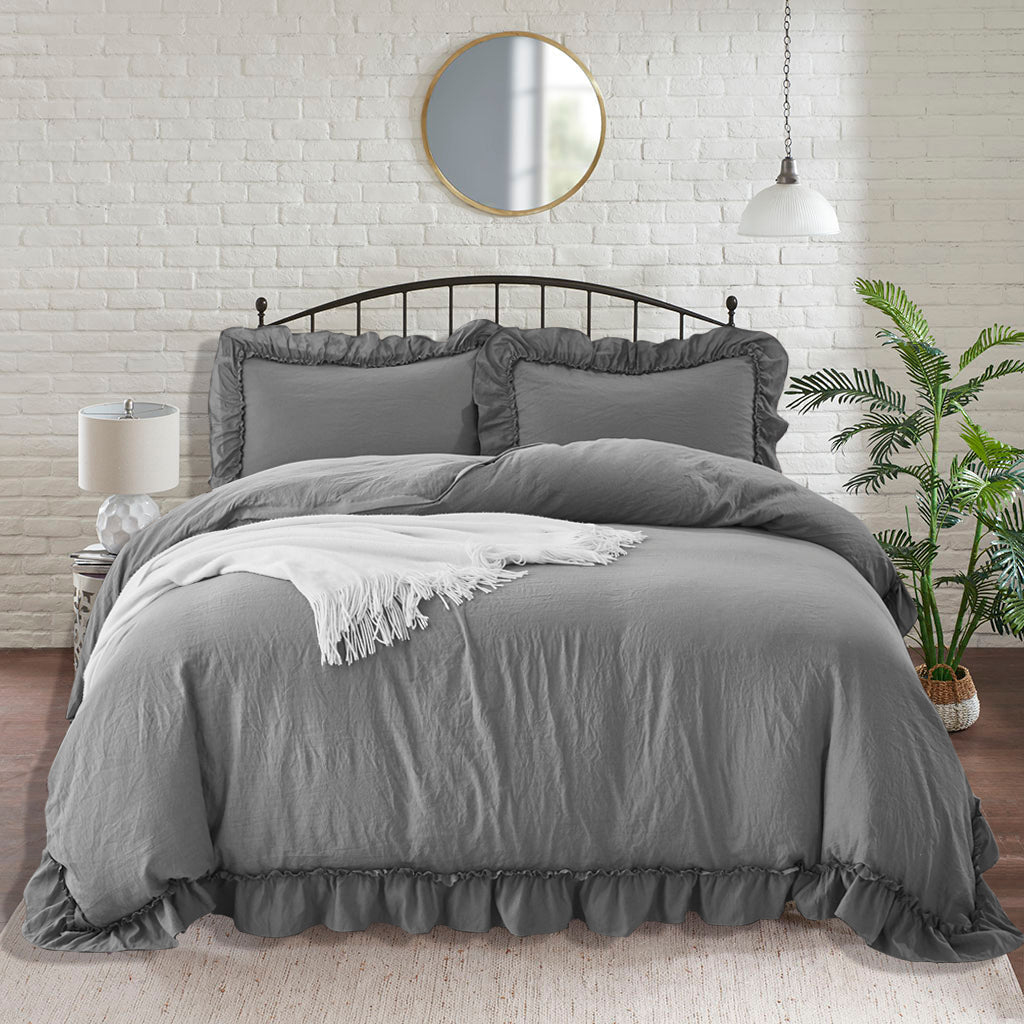 3 Piece Prewashed Fabric Chic Ruffle Duvet Cover Set