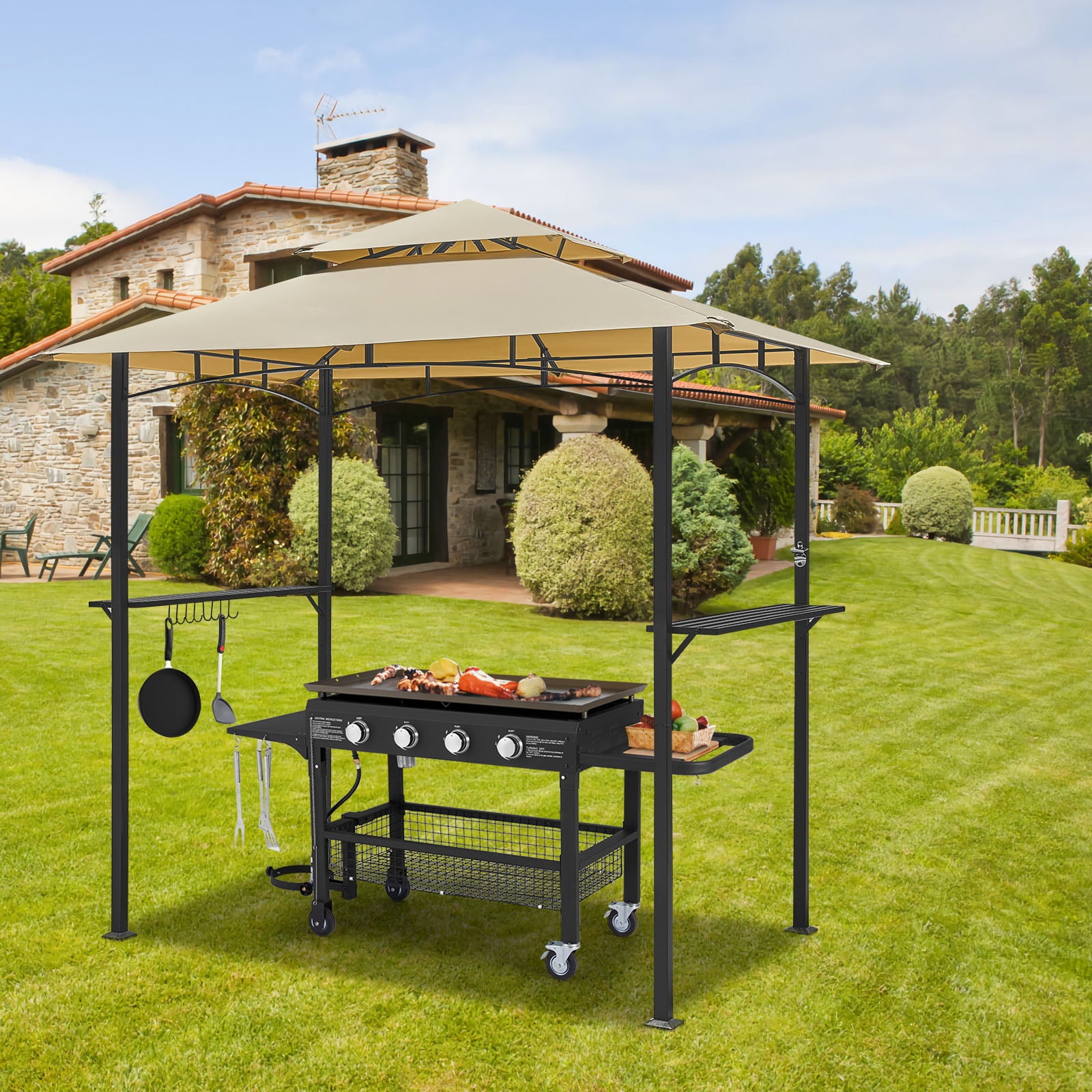 AECOJOY 8' x 5' Outdoor Grill Gazebo with Vented Top, Double Tier BBQ Canopy Gazebo-Beige, 5 inch