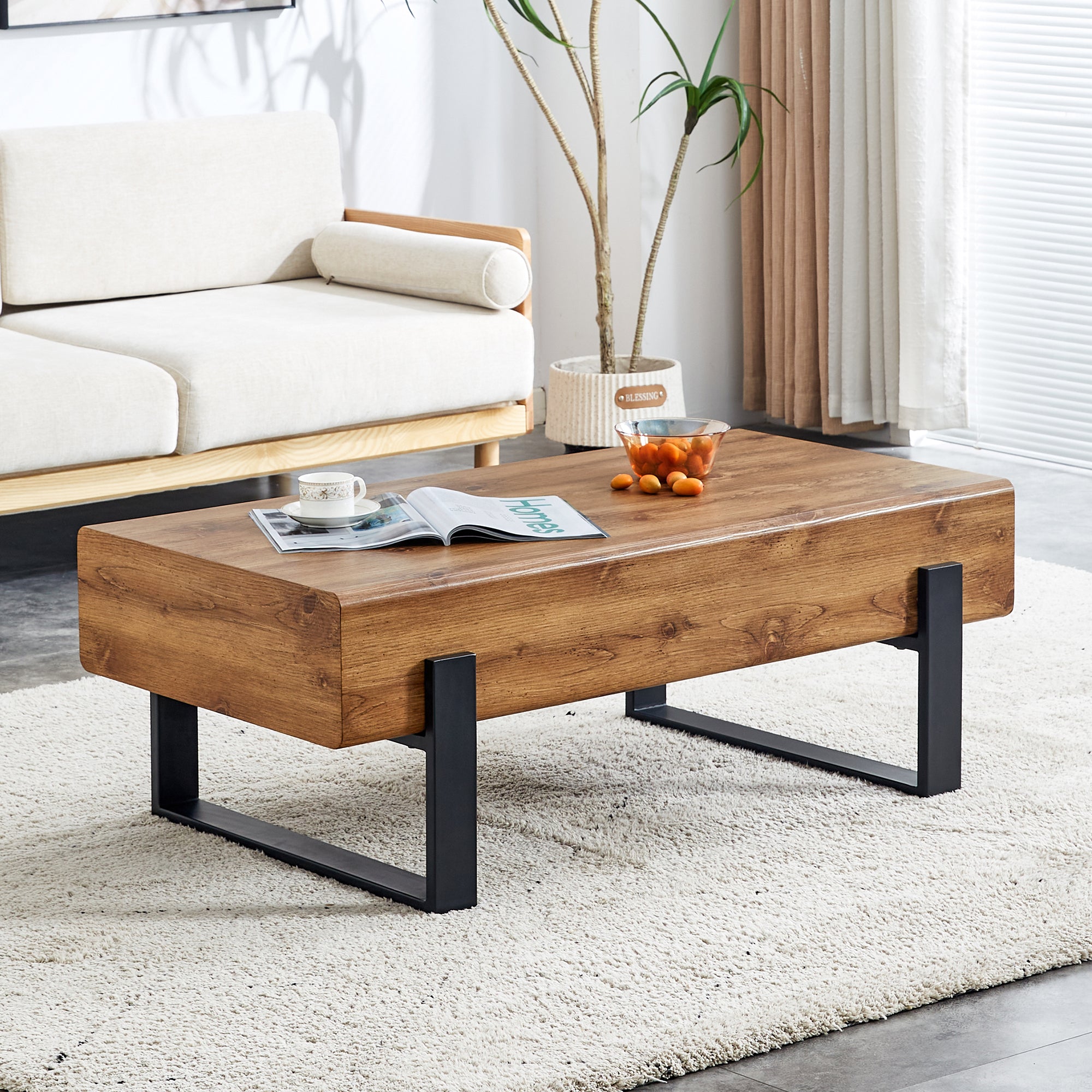 Industrial Coffee Table with Metal Legs Rustic MDF Coffee Table