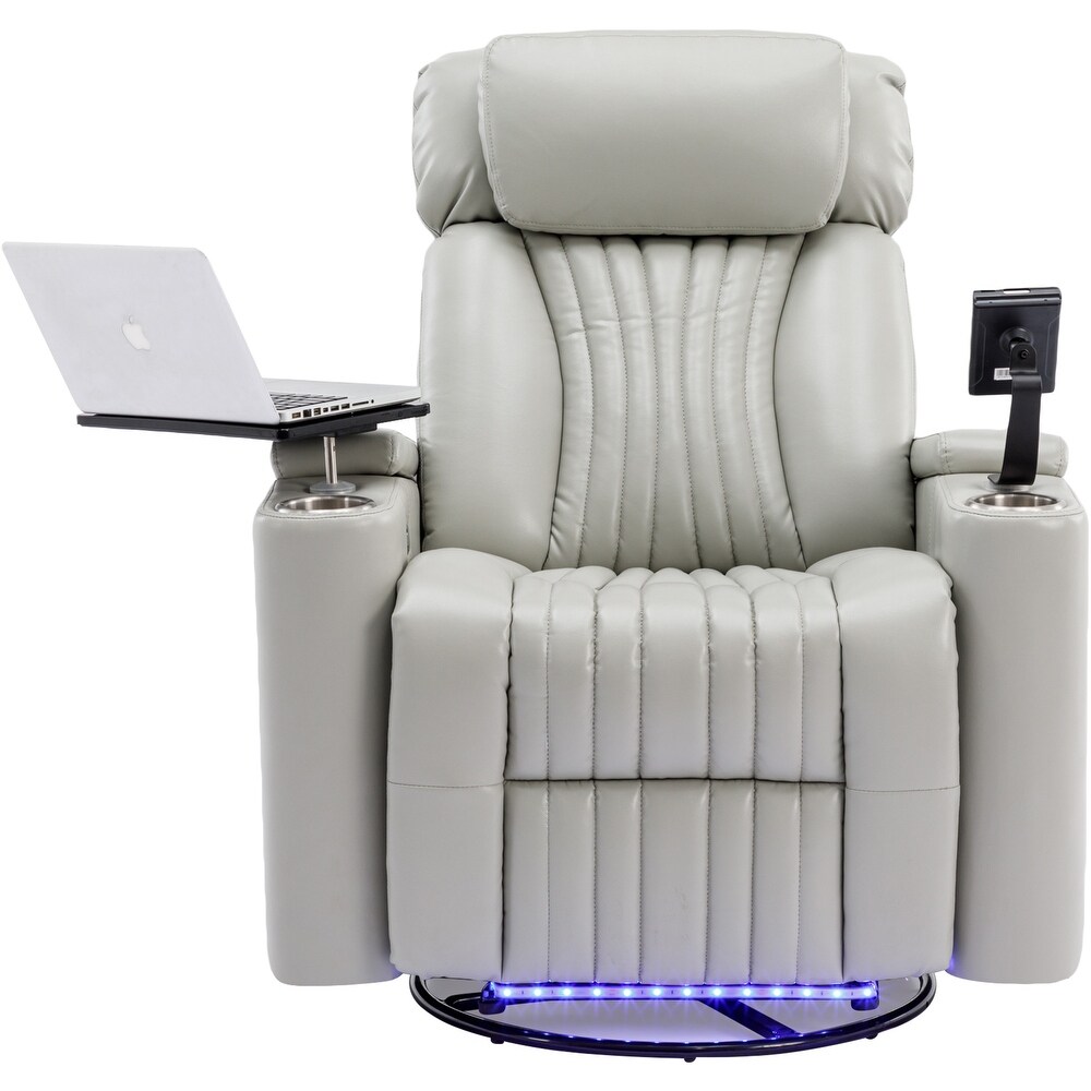 270° Power Swivel Recliner Home Theater Seating With Hidden Arm Storage and LED Light Strip Cup Holder 360° Swivel Tray Table