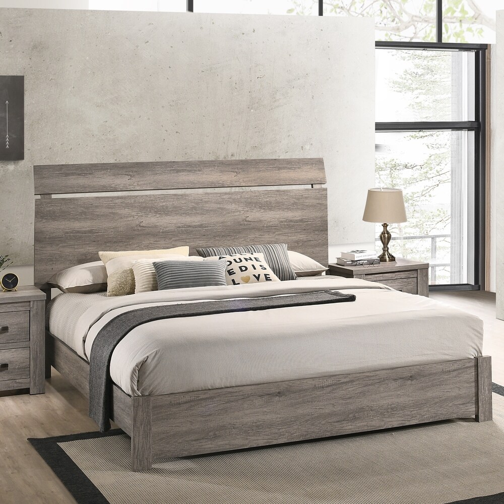 Roundhill Furniture Floren Contemporary Weathered Gray Wood Bedroom Set  Panel Bed  Dresser  Mirror  Nightstand