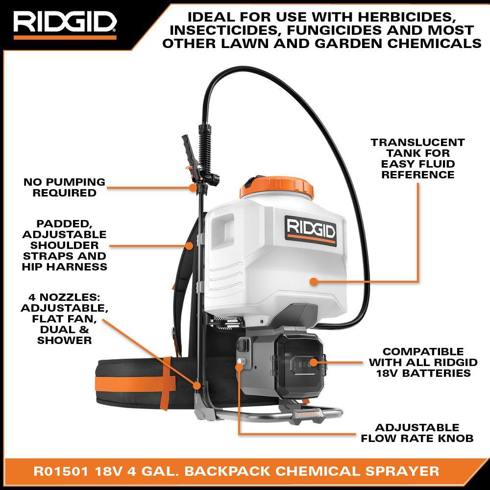 RIDGID 18-Volt Cordless Battery 4 Gal. Backpack Chemical Sprayer (Tool Only) R01501BVNM