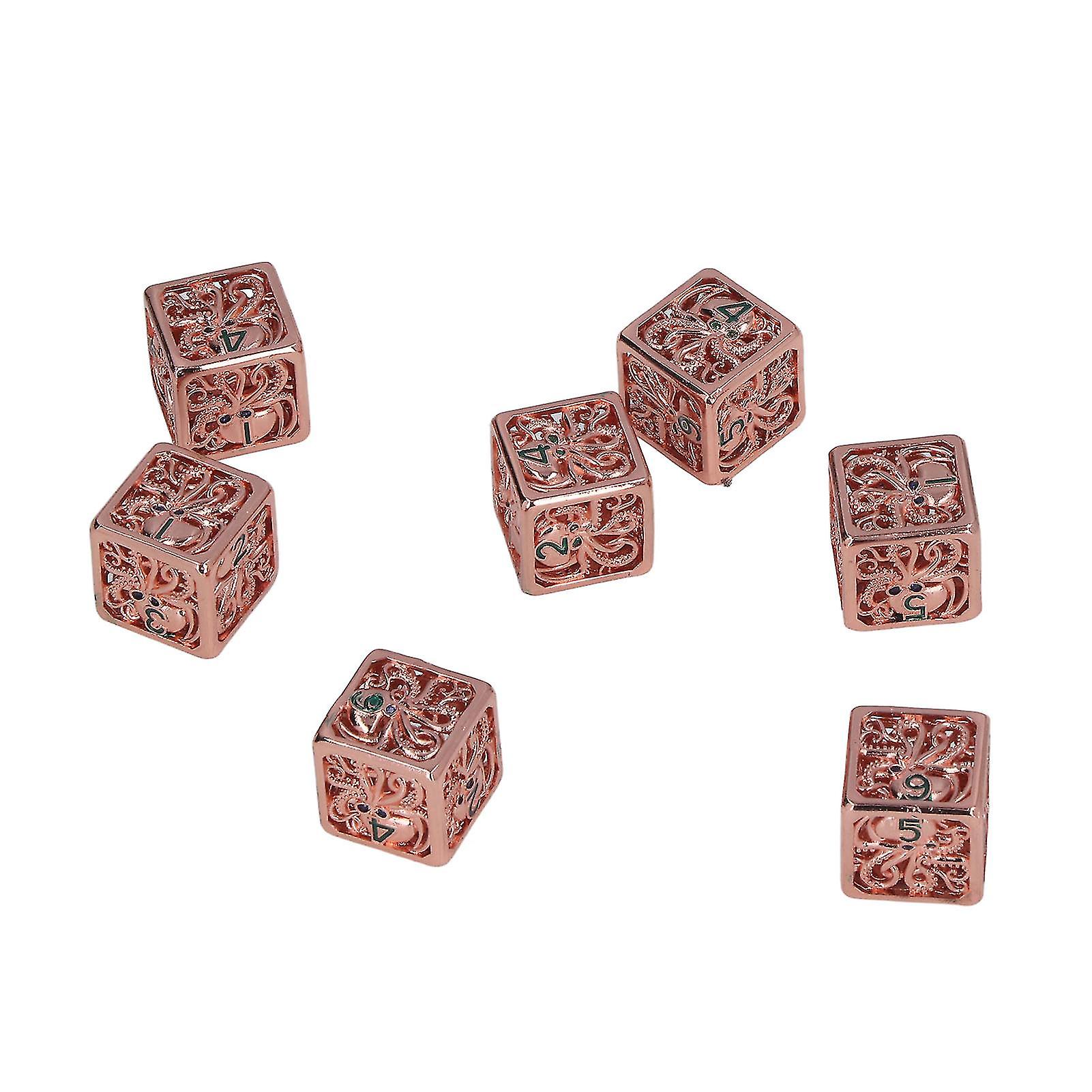 7pcs Hollow Octopus Carved Pattern Dice Holiday Party Square Metal Dice Set Props for Role Playing Games Antique Red Copper