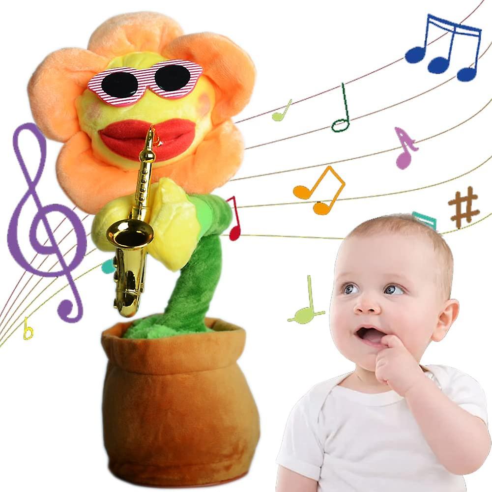 Dancing Sunflower Toy That Repeats What You Say! With Glowing Singing Recording Funny Creative Plush Toy Saxophone Kids Toy Orange