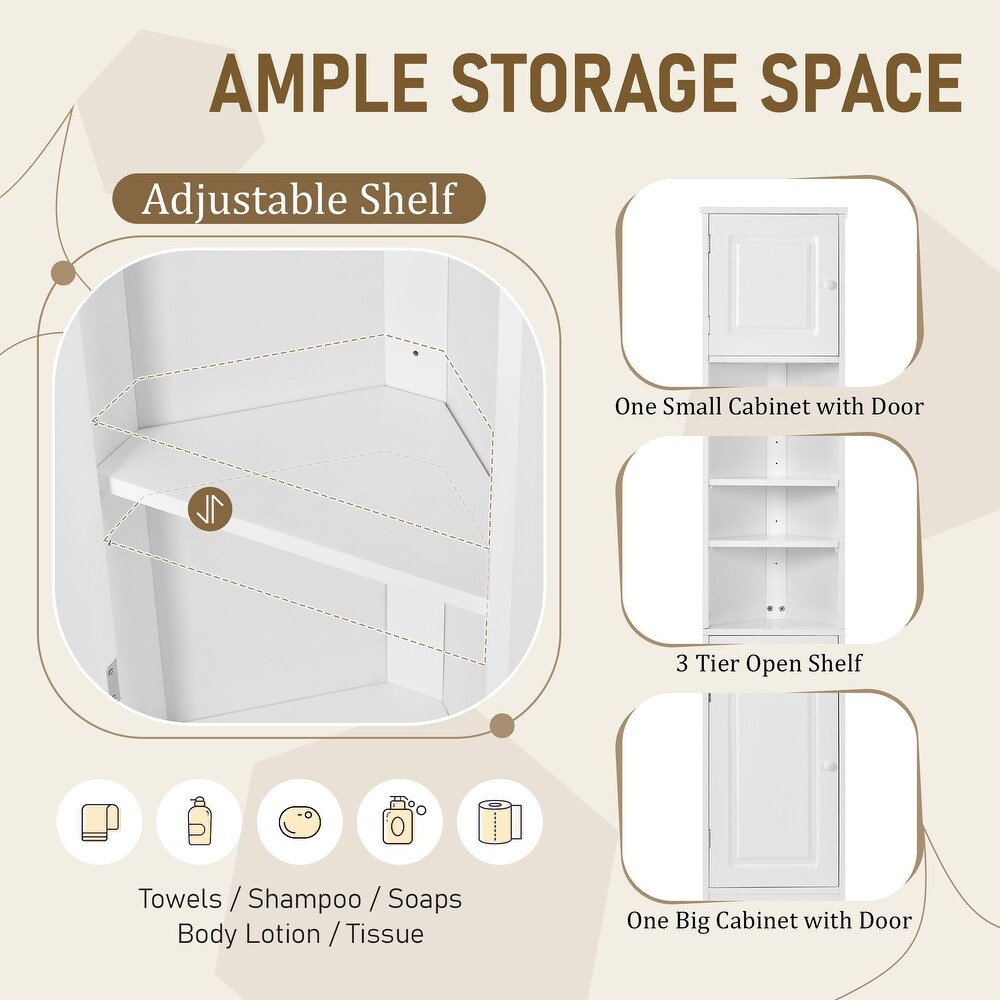 Tall Triangle Corner Storage Cabinet with Open Shelves and 2 Cabinet  Cabinets with Adjustable Shelf  Door and Knobs