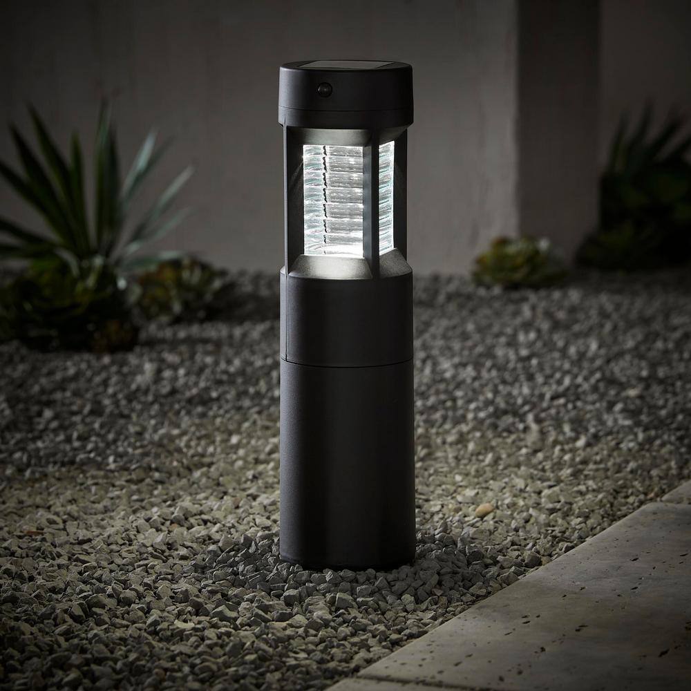 Hampton Bay Limestone Solar 10 Lumens Matte Black Integrated LED Bollard Light with Motion Sensor and Adjustable Height (2-Pack) 93122