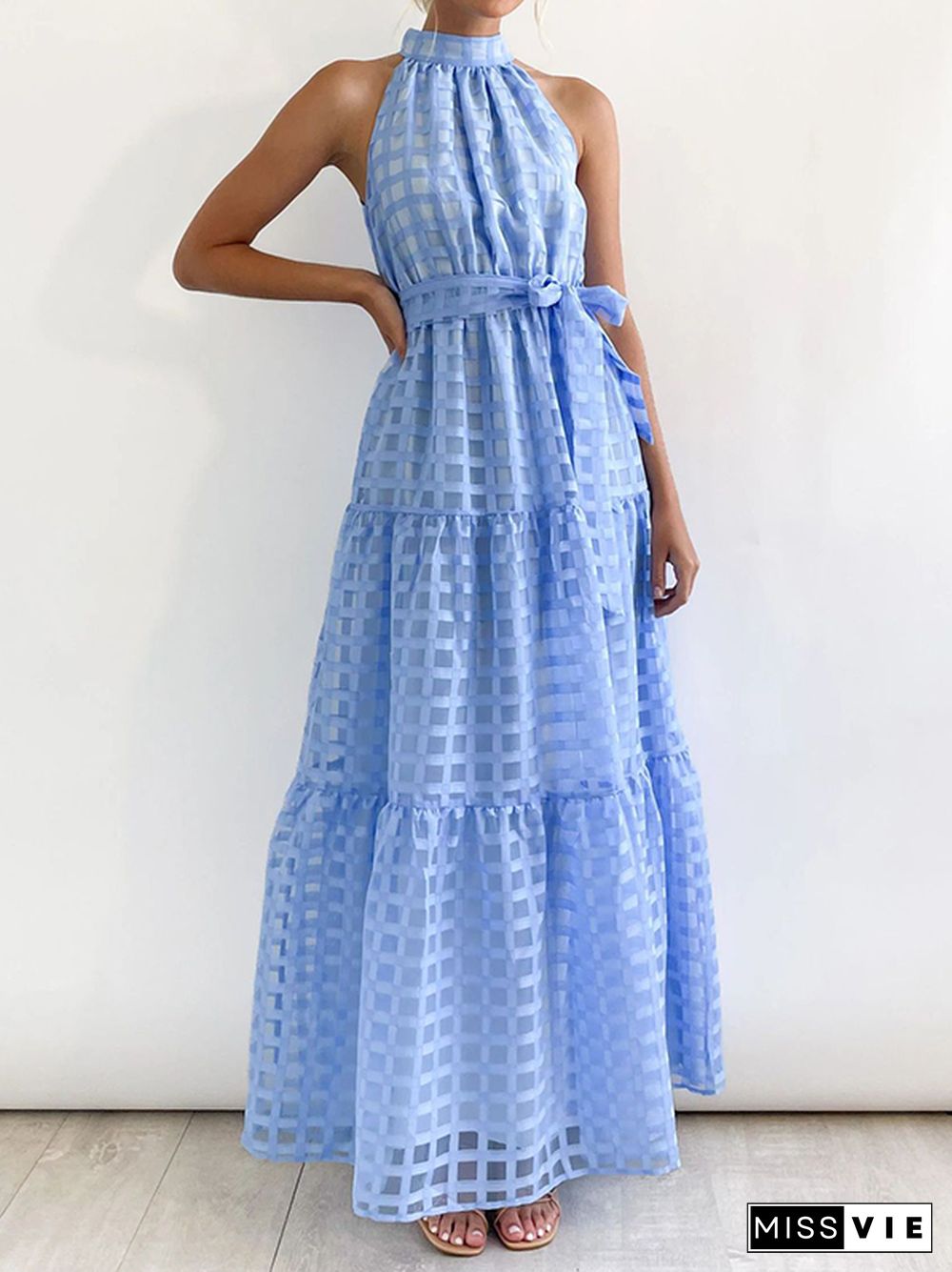 Loose Sleeveless Plaid Ribbed Stand Collar Maxi Dresses