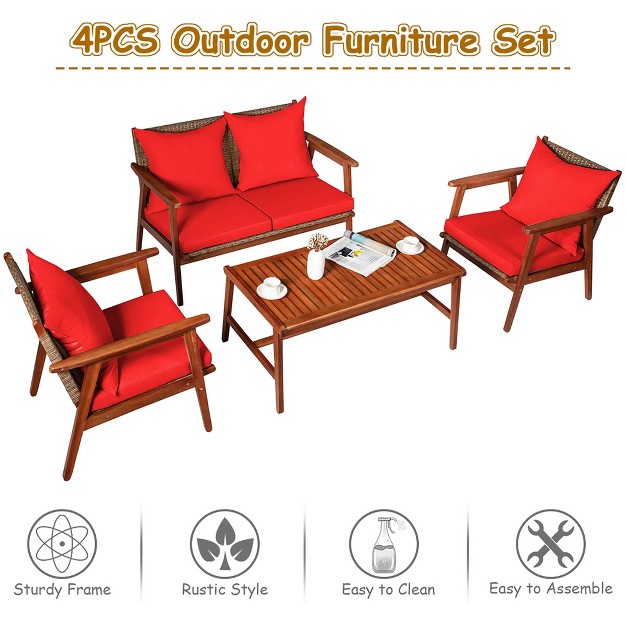 Costway 4pcs Patio Rattan Furniture Set Acacia Wood Frame Cushioned Sofa Chair