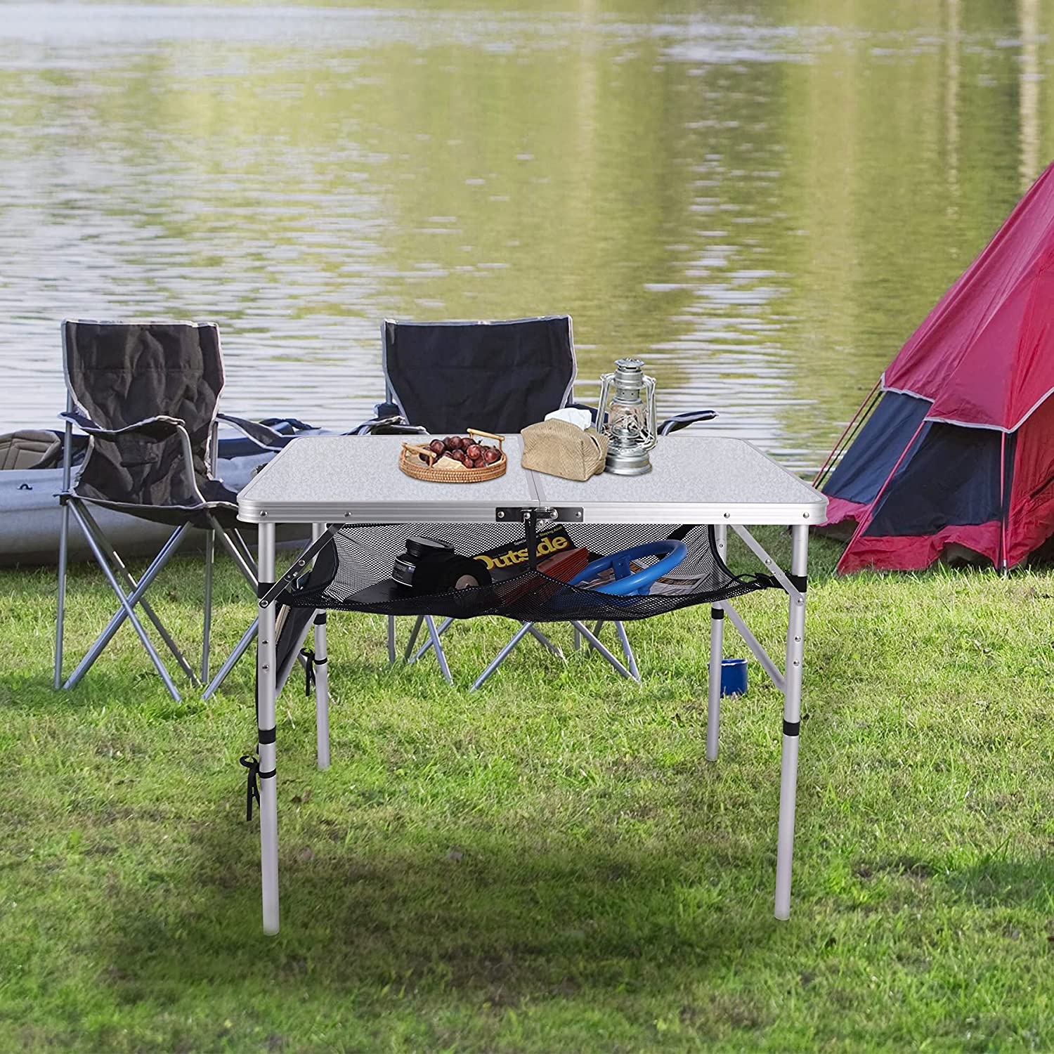 Lineslife 3 Foot Aluminum Folding Table with Mesh Storage Organizer， Lightweight Portable Camping Table for Picnic Beach Outdoor Indoor， White(2 Height)