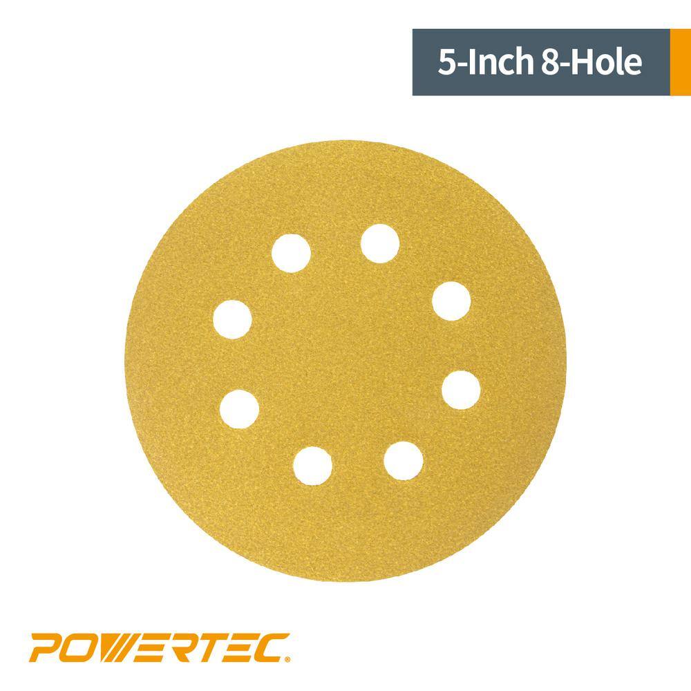 POWERTEC 5 in. 8-Hole 80-Grit Hook and Loop Sanding Discs in Gold (50-Pack) 44008G-50