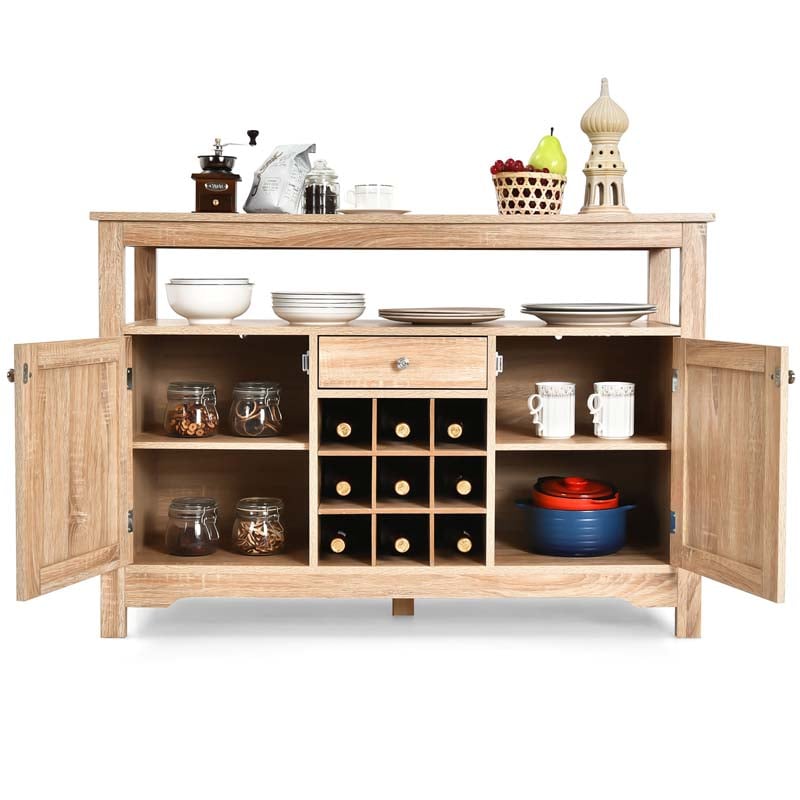 Wood Buffet Server Sideboard Console Table Utensils Organizer with 9 Wine Grids, 1 Drawer & 2 Cabinets