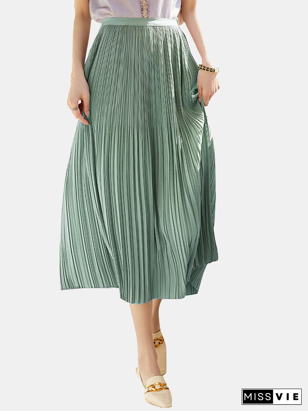 Solid A-line Pleated Elastic Waist Midi Skirt