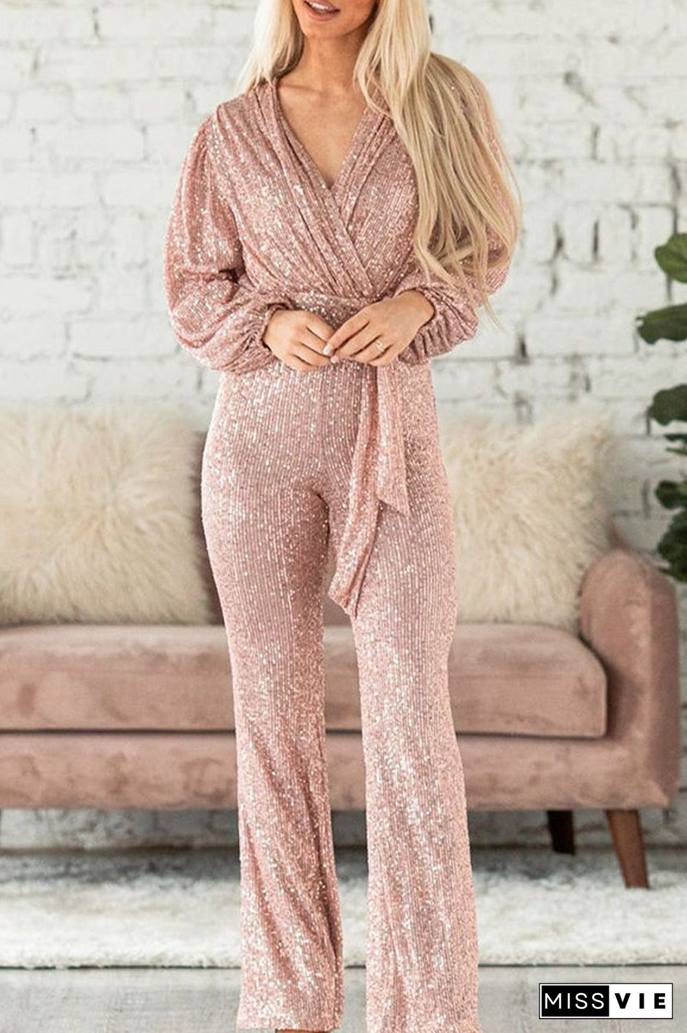 Casual Elegant Solid Sequins V Neck Regular Jumpsuits