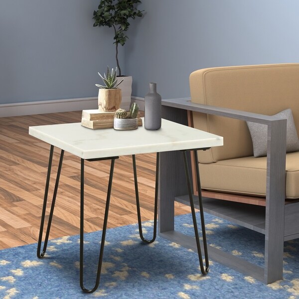 Marble Top End Table with Hairpin Style Metal Legs， White and Black