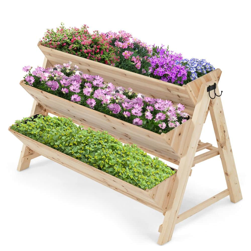 HONEY JOY 3-Tier Vertical Garden Bed Wooden Elevated Planter Bed W/Legs Storage Shelf 2 Hooks Raised Bed Kit TOPB006558