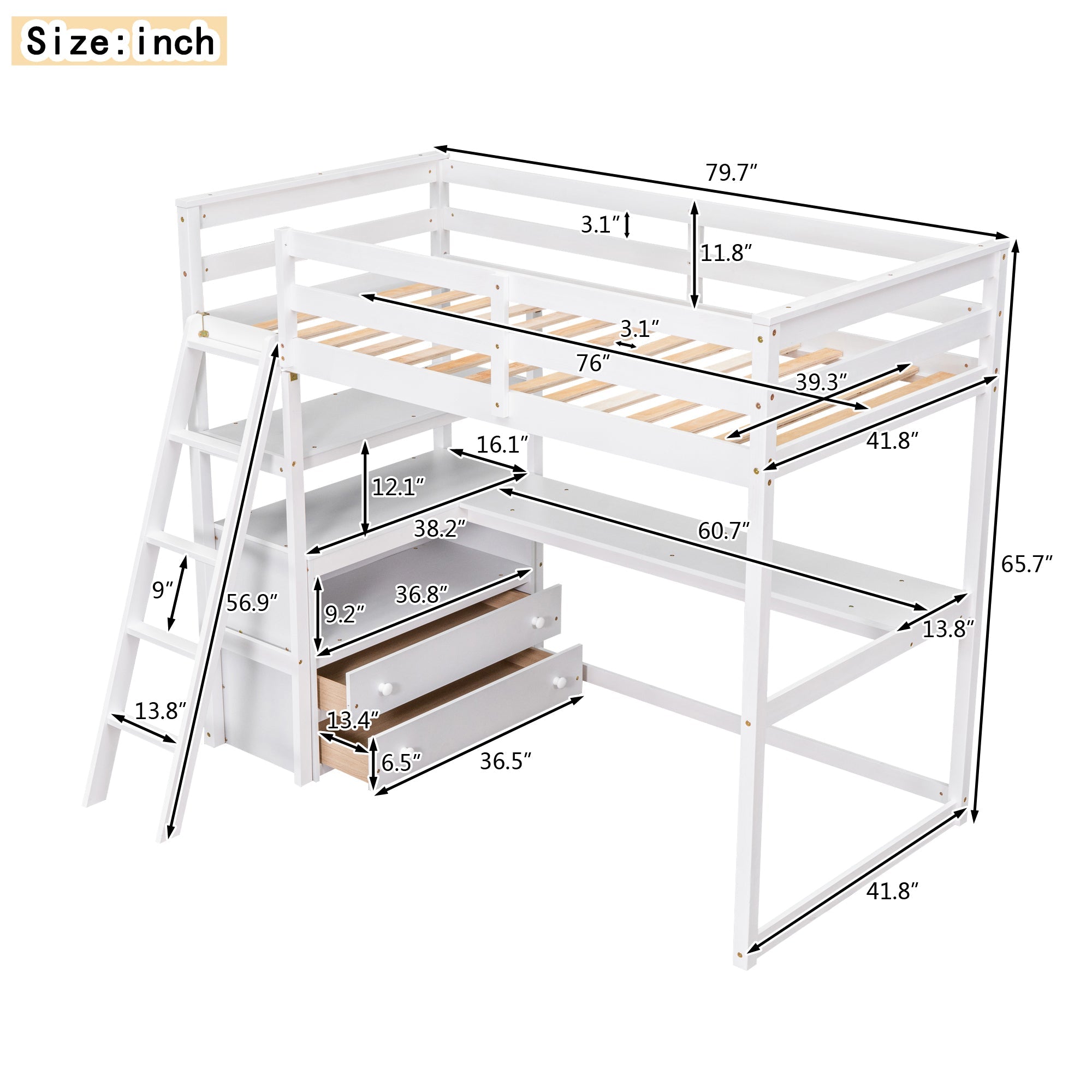 Euroco Twin Loft Bed with Desk for Child, White