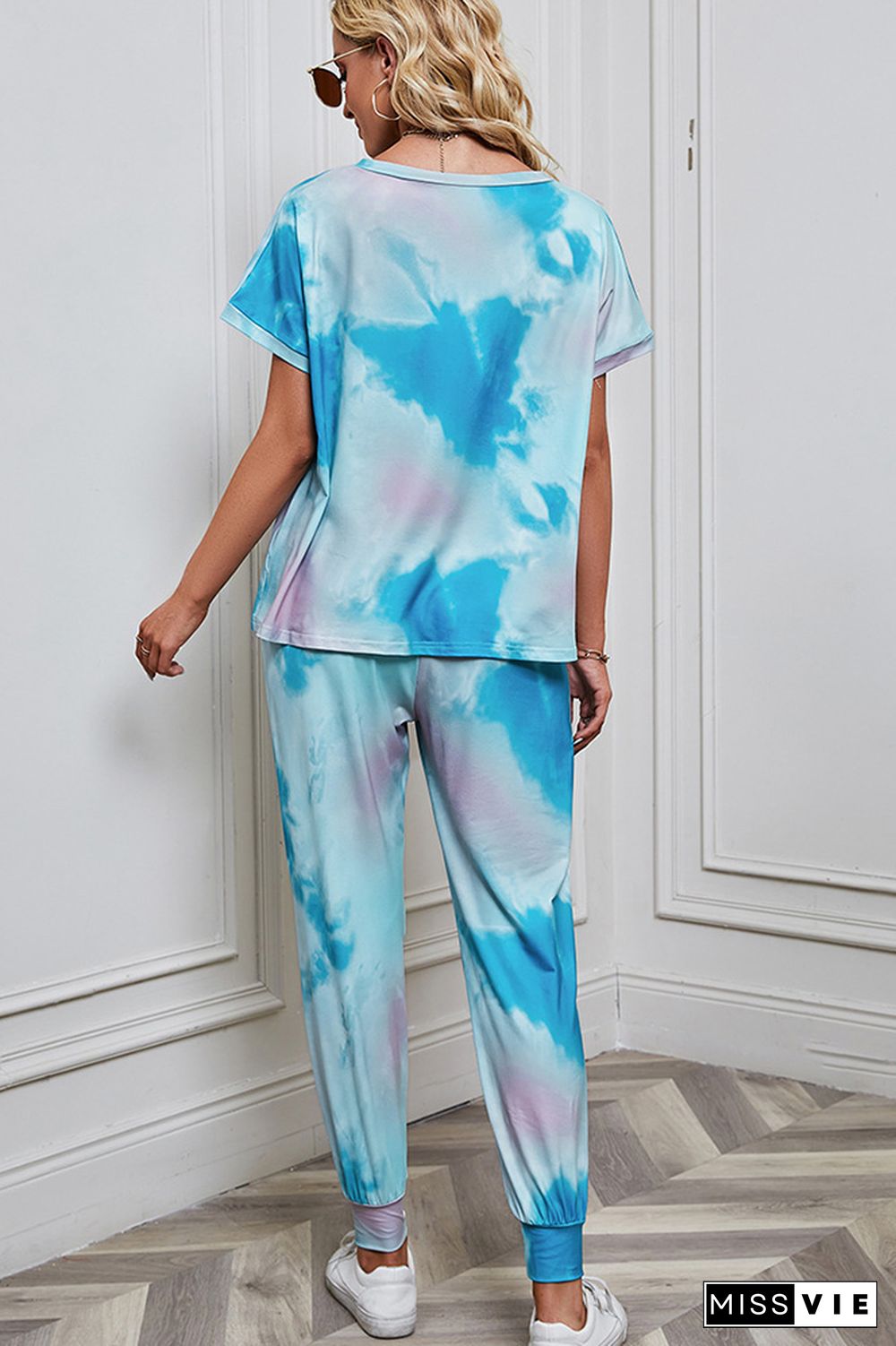 Tie Dye Short Sleeve Top and Drawstring Pants Two Pieces Set